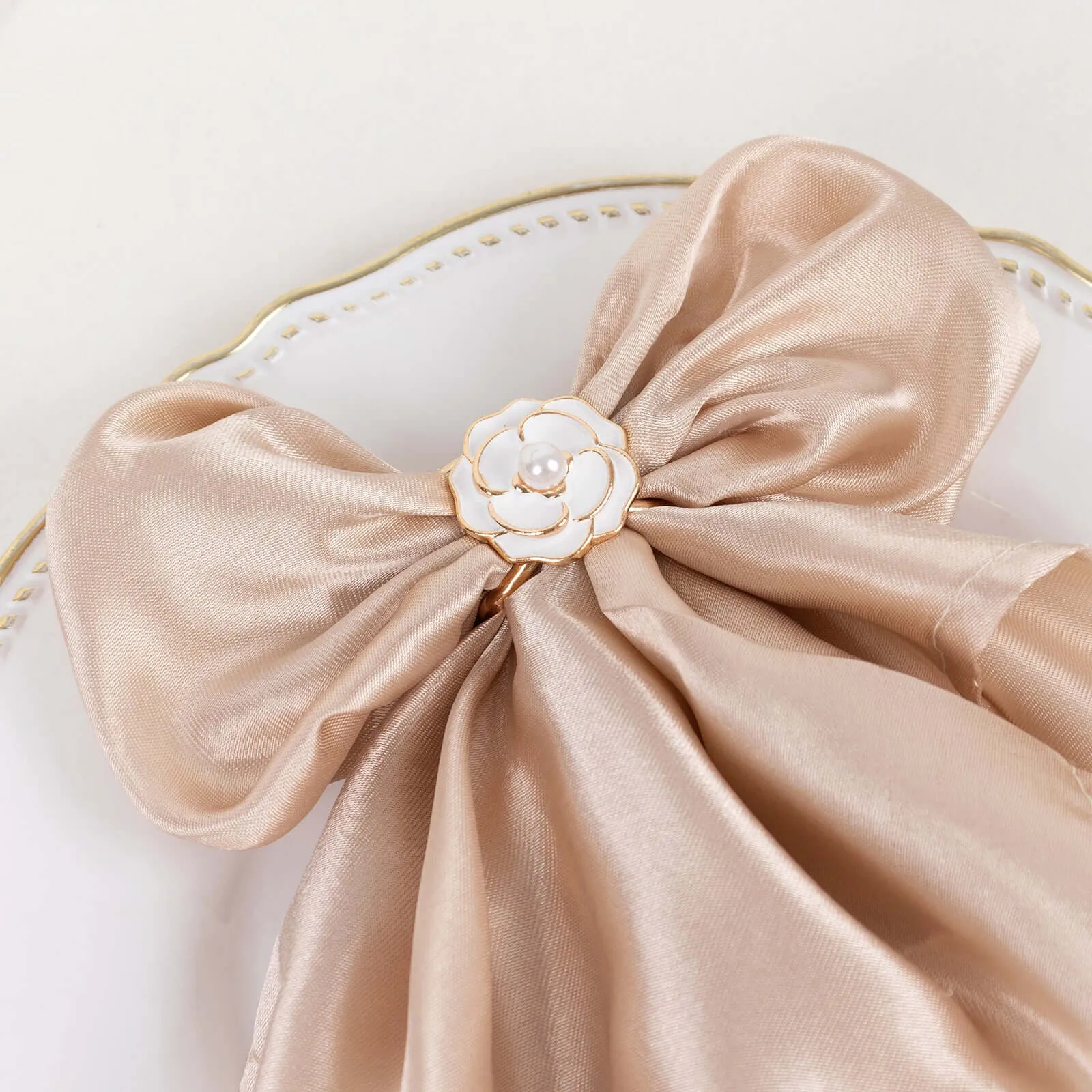 10 Pack White Pearl Floral Metal Chair Sash Bow Pins with Gold Rim, 3D Rose Shaped Scarf Buckle Napkin Rings