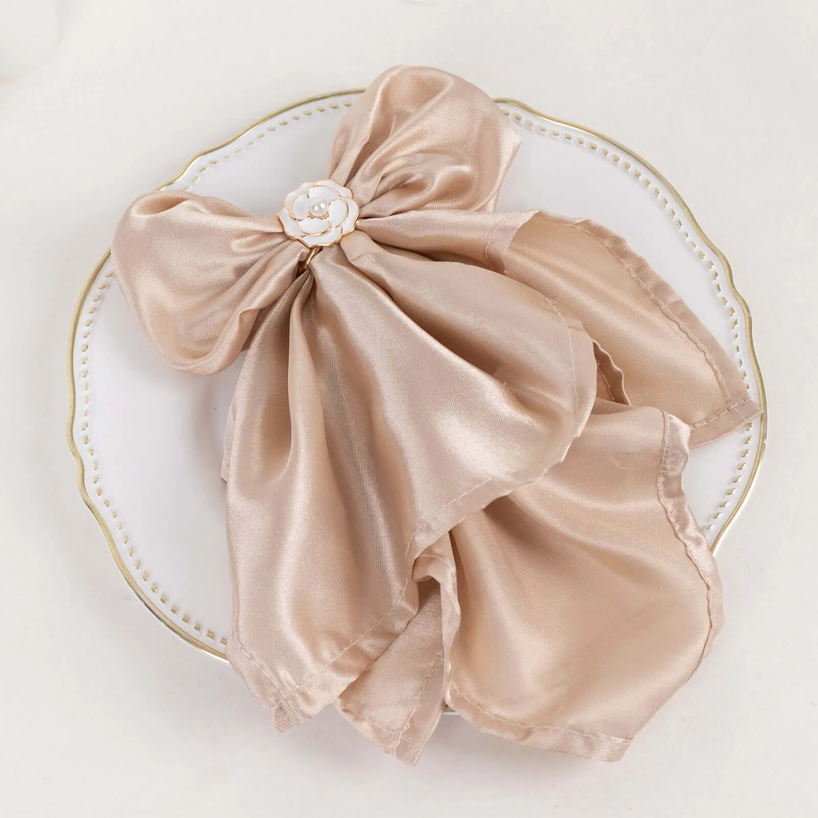 10 Pack White Pearl Floral Metal Chair Sash Bow Pins with Gold Rim, 3D Rose Shaped Scarf Buckle Napkin Rings