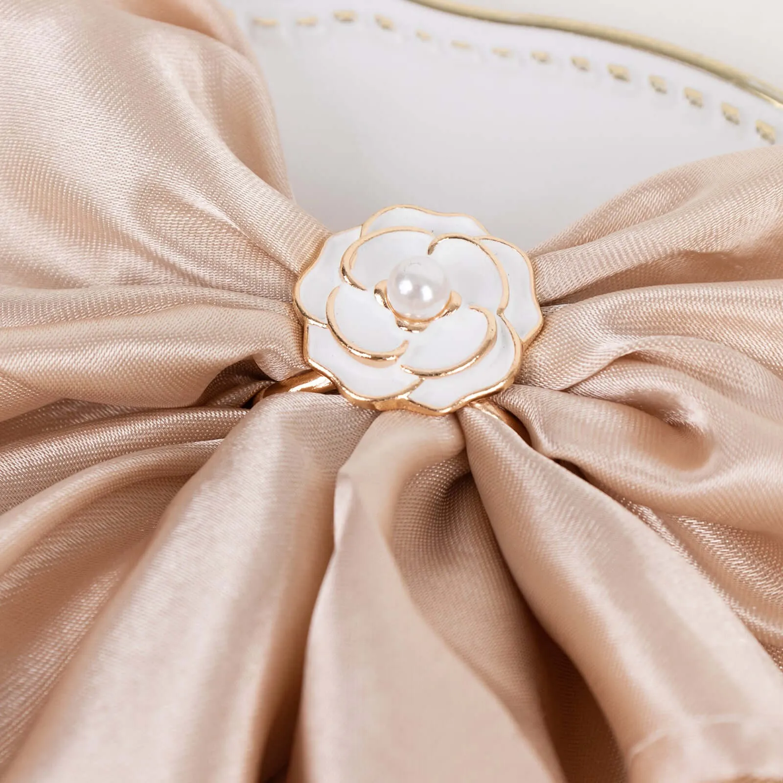 10 Pack White Pearl Floral Metal Chair Sash Bow Pins with Gold Rim, 3D Rose Shaped Scarf Buckle Napkin Rings