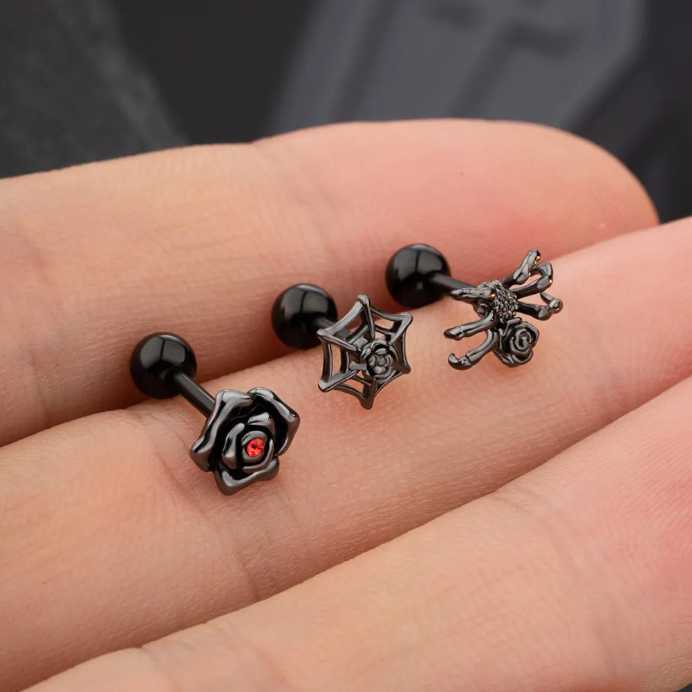 16G 3PCS Rose/Web/Spider Cartilage Studs Set