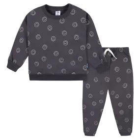 2-Piece Infant and Toddler Boys Charcoal Smiley Sweatshirt & Pant Set