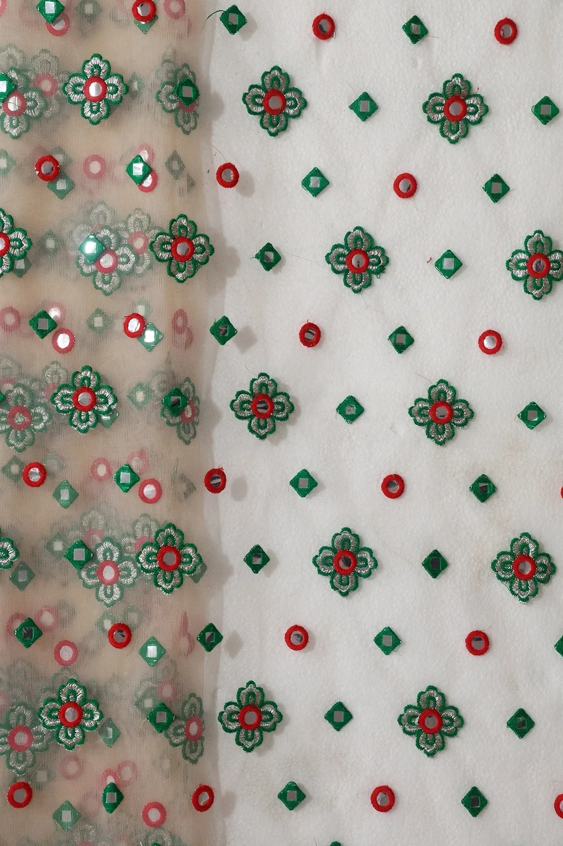 4 Meter Cut Piece Of Red And Green Thread With Faux Mirror Traditional Embroidery On Light Beige Soft Net Fabric