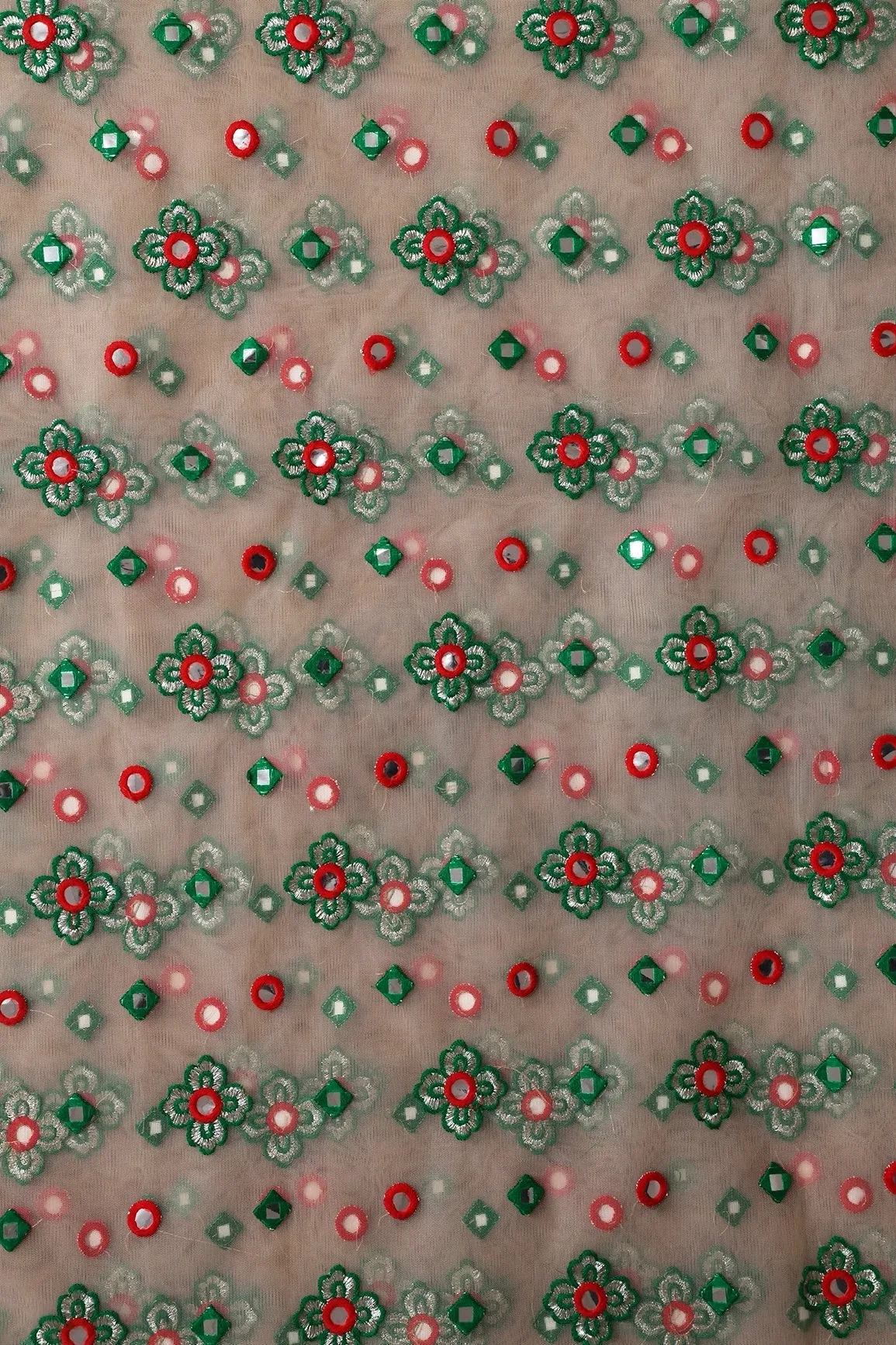 4 Meter Cut Piece Of Red And Green Thread With Faux Mirror Traditional Embroidery On Light Beige Soft Net Fabric