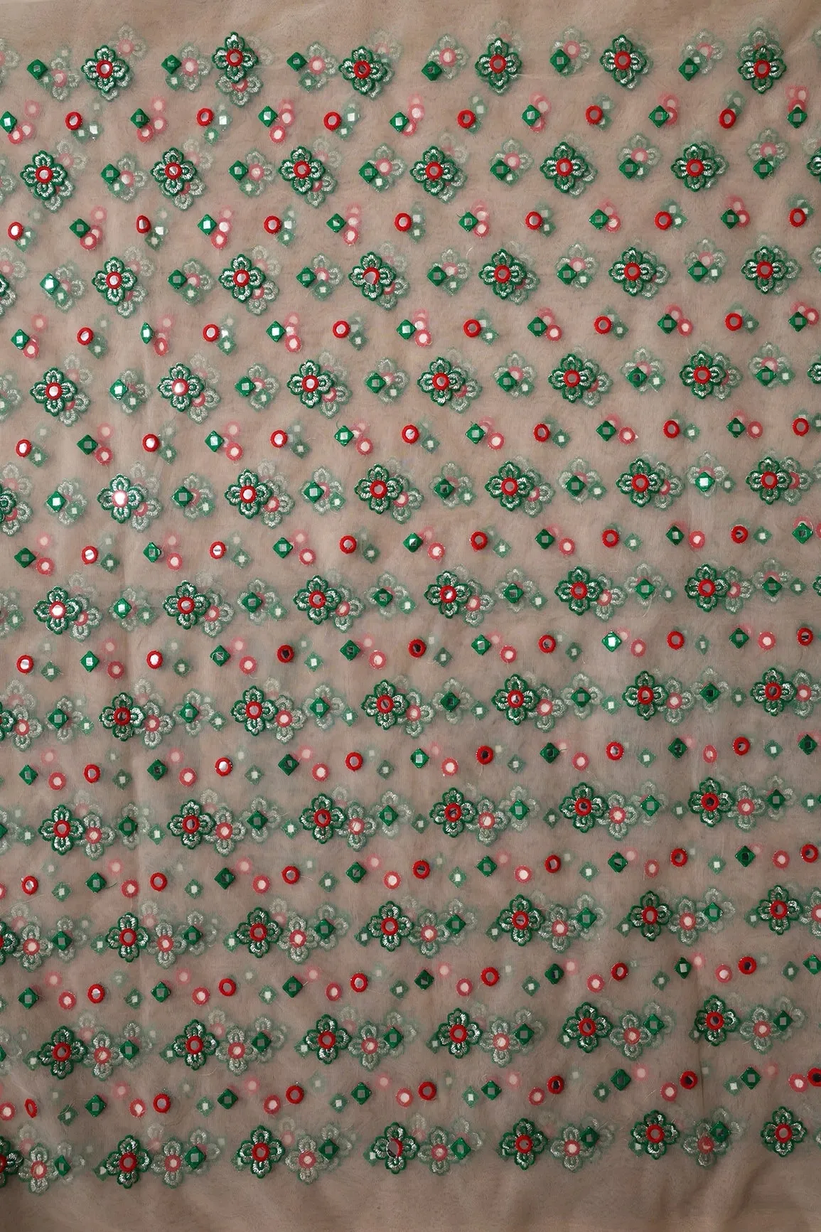 4 Meter Cut Piece Of Red And Green Thread With Faux Mirror Traditional Embroidery On Light Beige Soft Net Fabric