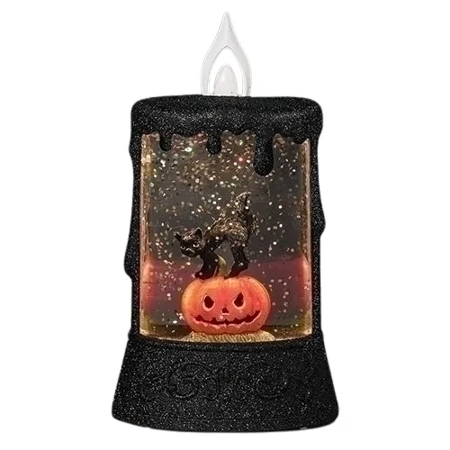 5.75" Halloween Black Cat on Jack-O-Lantern Pumpkin Shimmer Candlelight Up Water Globe