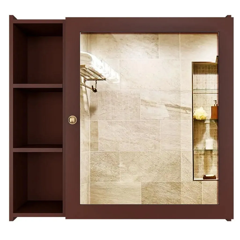 Aesthetic Modern Style Wooden Bathroom Cabinet Mirror With 5 Spacious Shelves Brown Finish