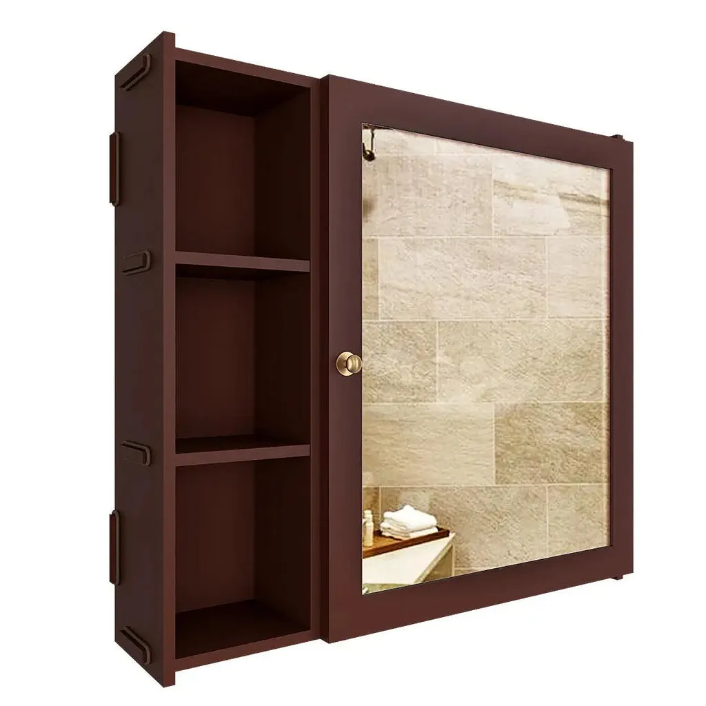 Aesthetic Modern Style Wooden Bathroom Cabinet Mirror With 5 Spacious Shelves Brown Finish