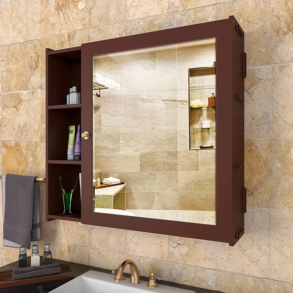 Aesthetic Modern Style Wooden Bathroom Cabinet Mirror With 5 Spacious Shelves Brown Finish