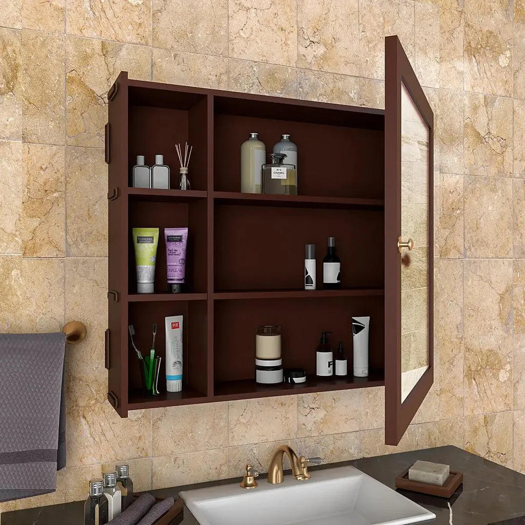 Aesthetic Modern Style Wooden Bathroom Cabinet Mirror With 5 Spacious Shelves Brown Finish