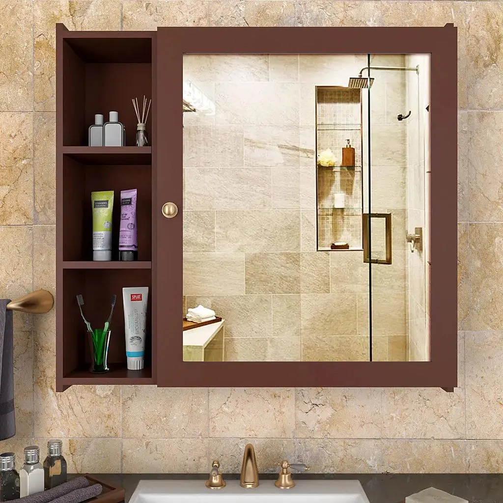 Aesthetic Modern Style Wooden Bathroom Cabinet Mirror With 5 Spacious Shelves Brown Finish