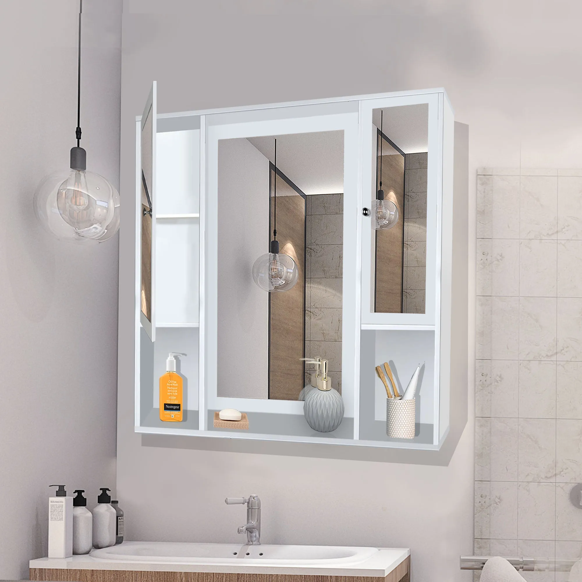 Aesthetic Wooden Bathroom Cabinet Mirror with 7 Spacious Shelves with White Finish