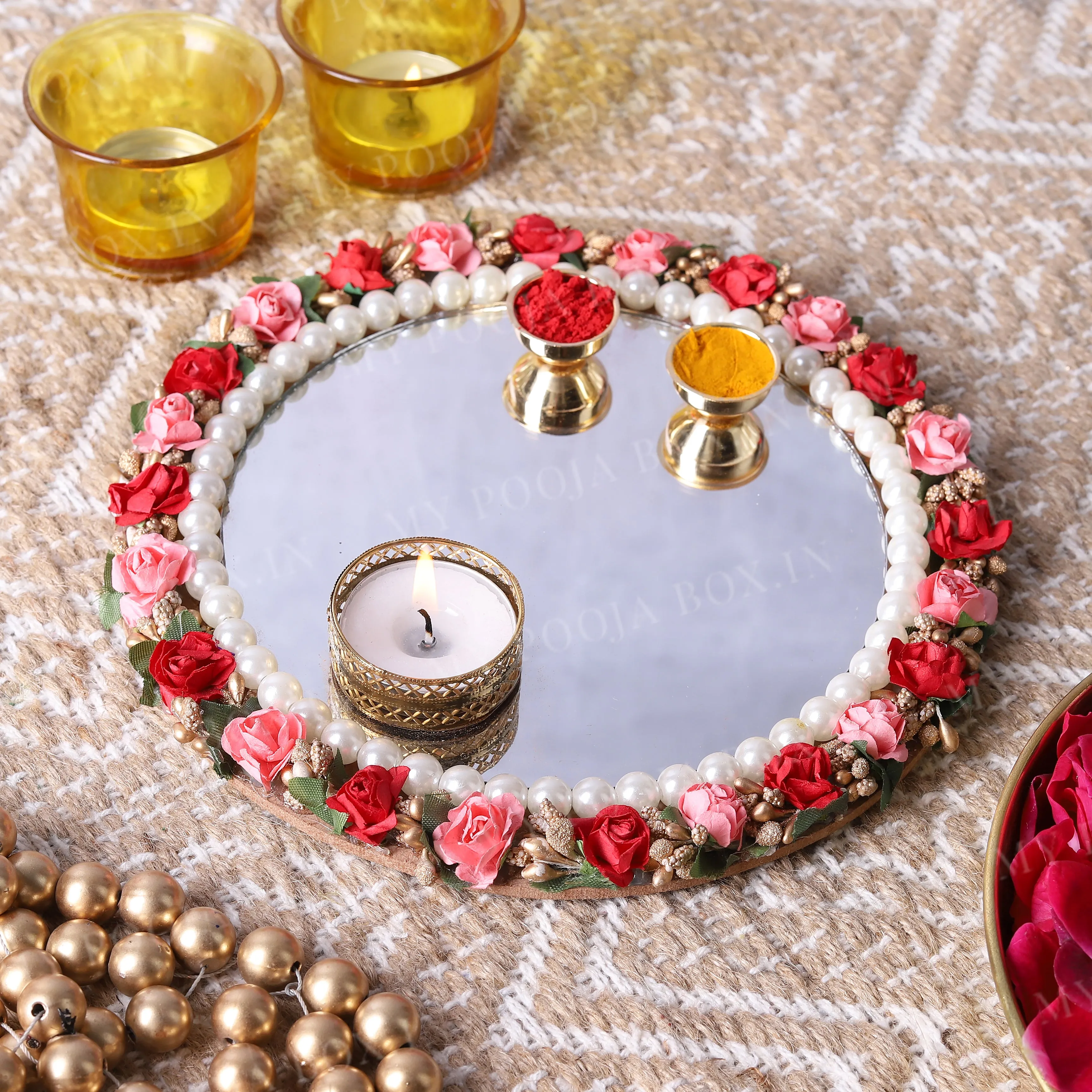 Alluring Rose Mirror Roli Akshat Thali