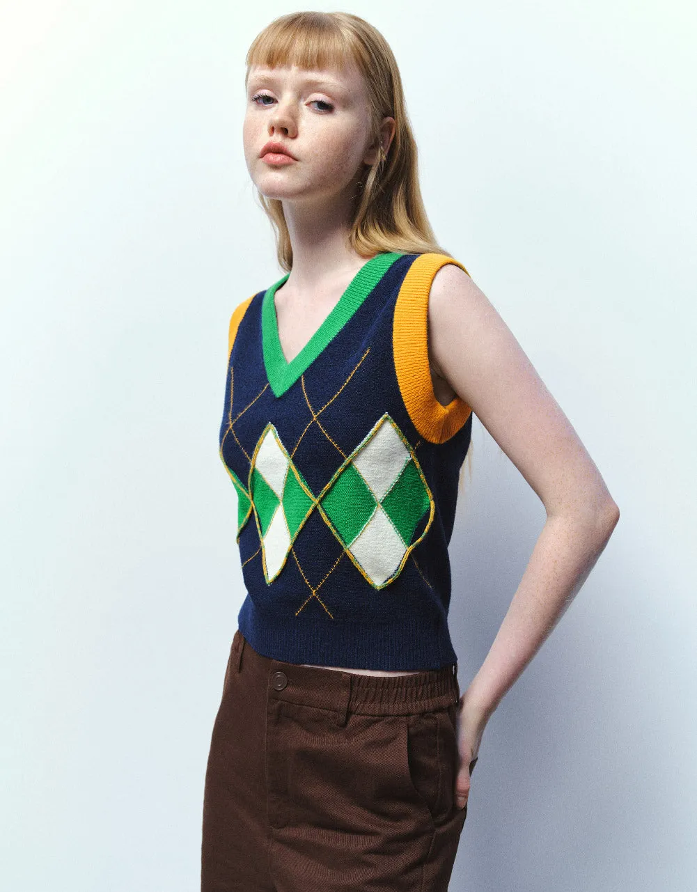 Argyle Printed V-Neck Knitted Vest