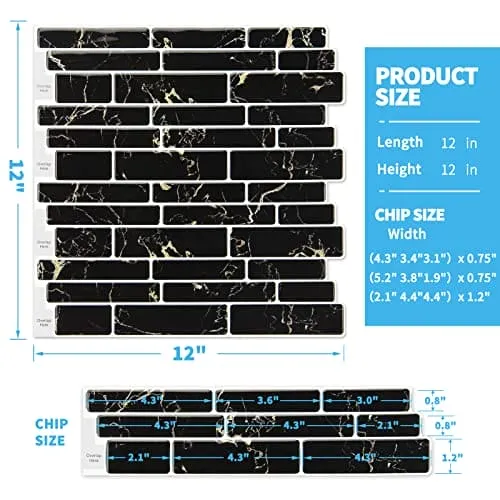 Art3d 10-Sheet Peel and Stick Backsplash, 12 in. x 12in. Black Marble Design