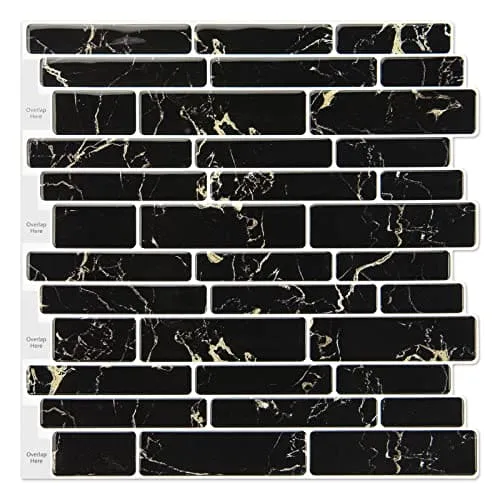 Art3d 10-Sheet Peel and Stick Backsplash, 12 in. x 12in. Black Marble Design