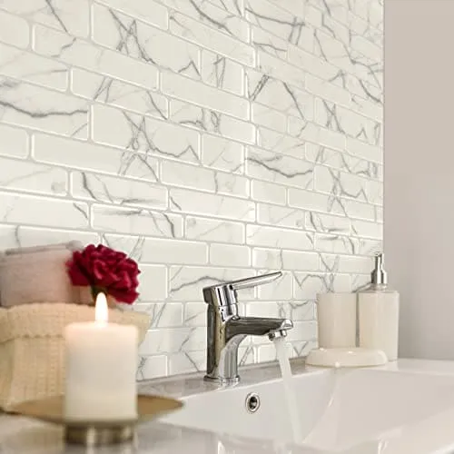 Art3d 10-Sheet Peel and Stick Backsplash, 12 in. x 12in. White Marble Design