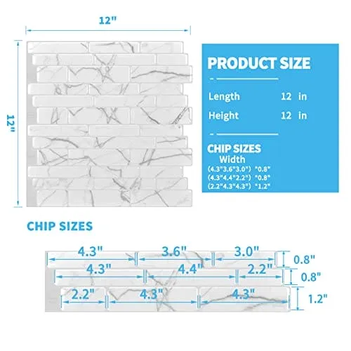 Art3d 10-Sheet Peel and Stick Backsplash, 12 in. x 12in. White Marble Design