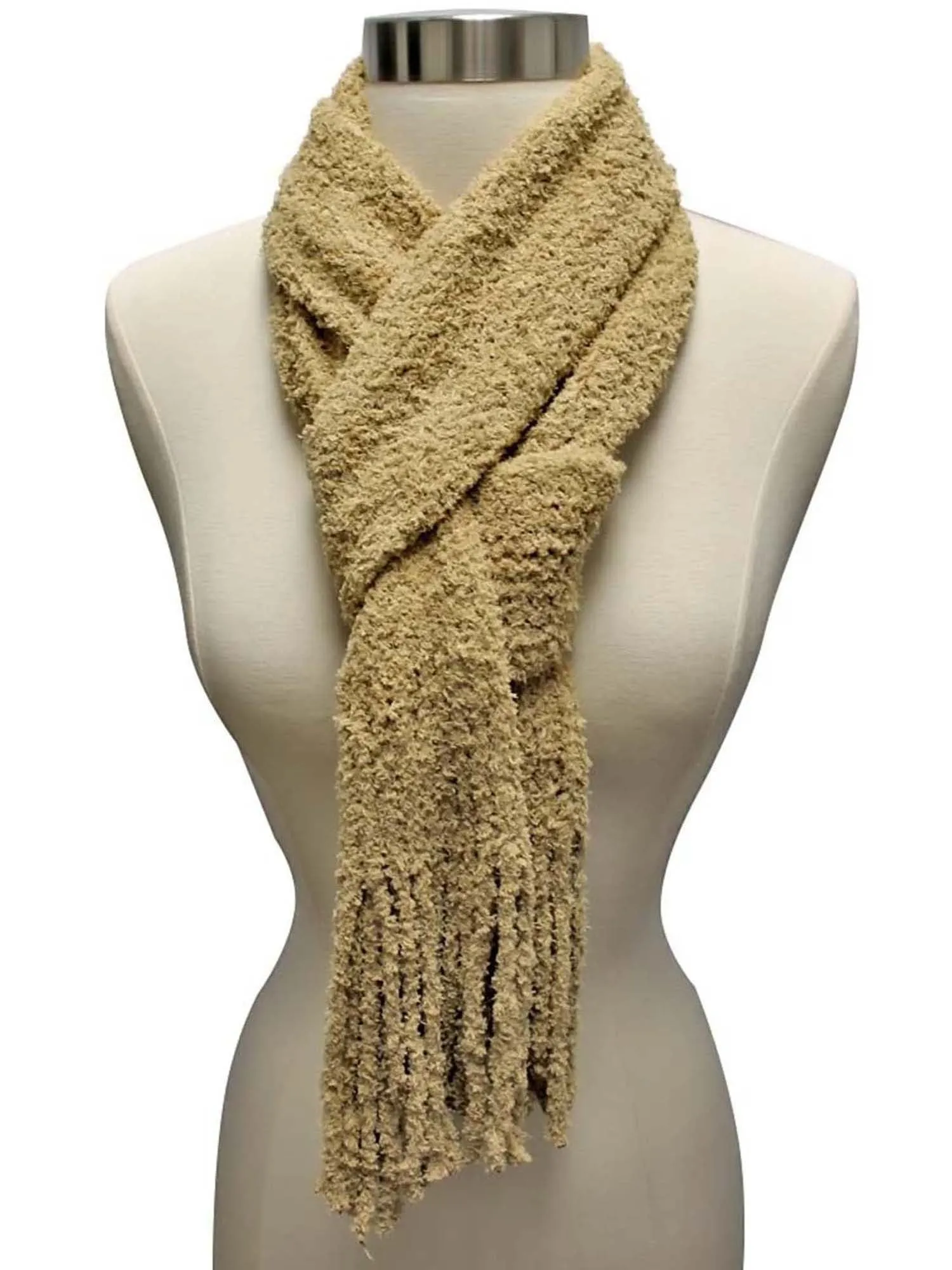 Beige Cozy Long Winter Knit Unisex Scarf With Fringe