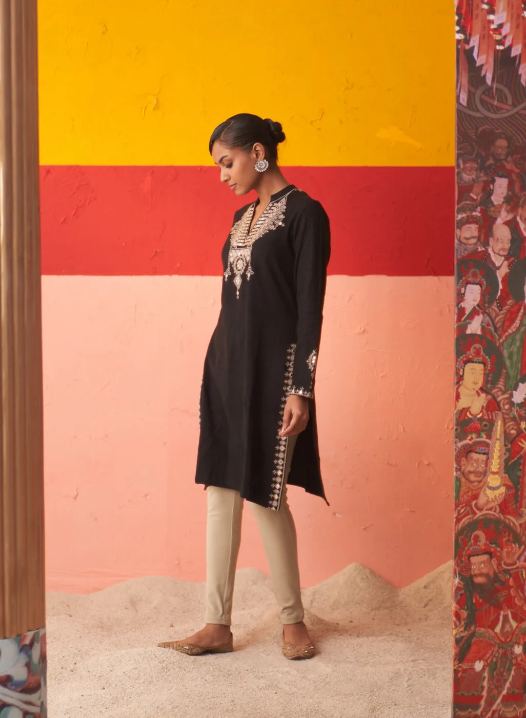 Black Embroidered Woollen Kurti for Women with Mirror Work