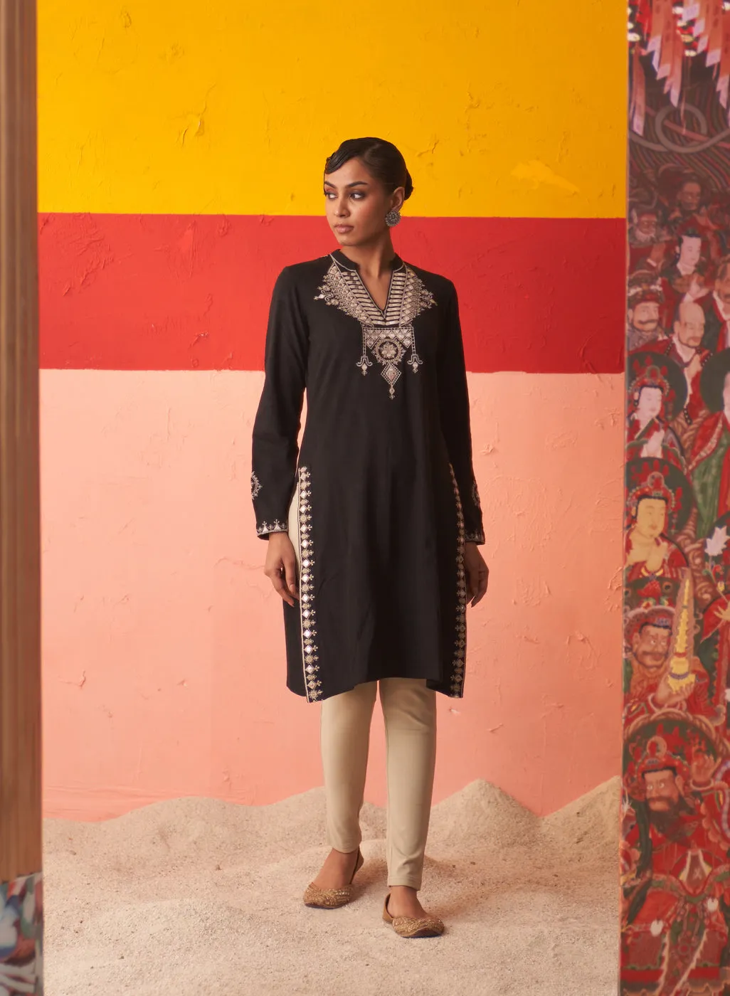 Black Embroidered Woollen Kurti for Women with Mirror Work