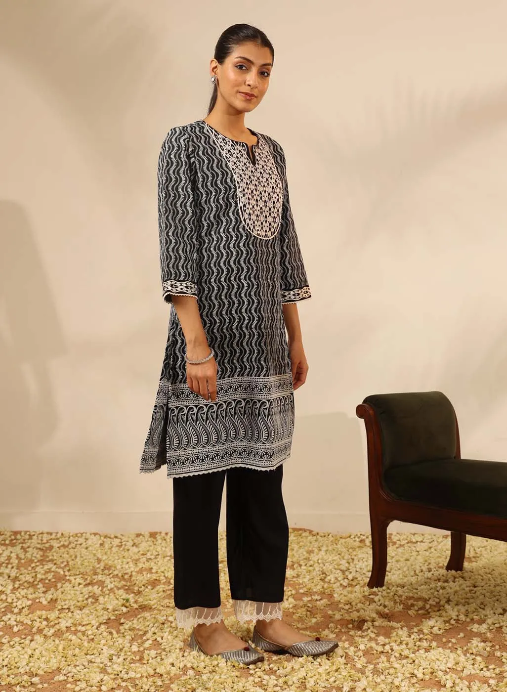 Black Long Chanderi Kurta Set with Mirrorwork