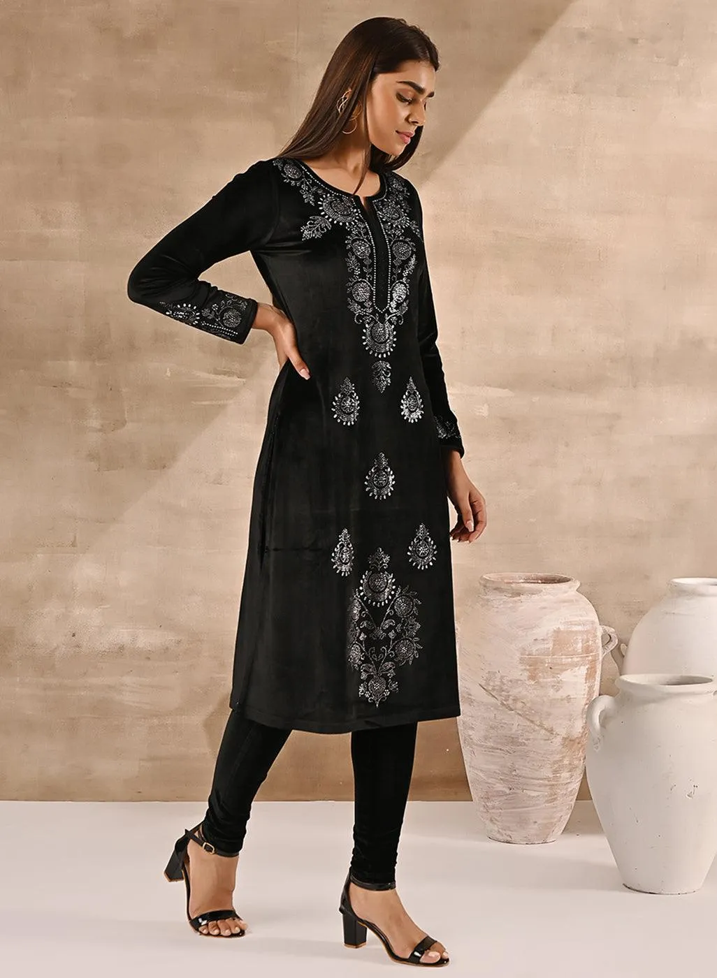 Black Velvet Kurta With Fine Mirror Work