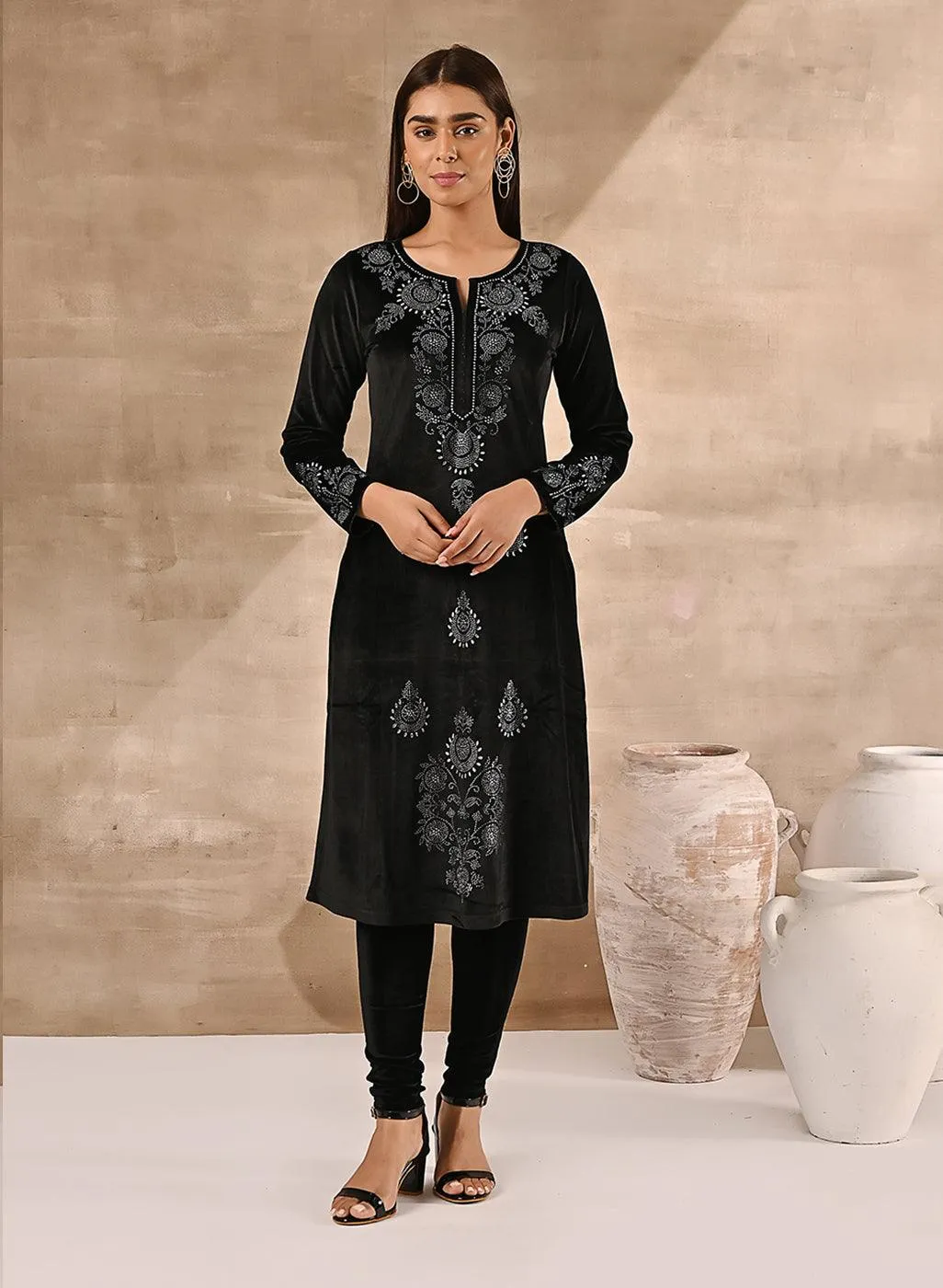 Black Velvet Kurta With Fine Mirror Work