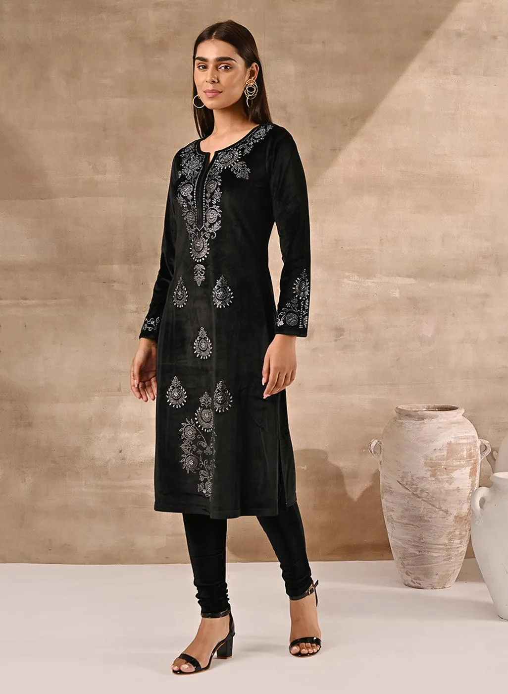 Black Velvet Kurta With Fine Mirror Work