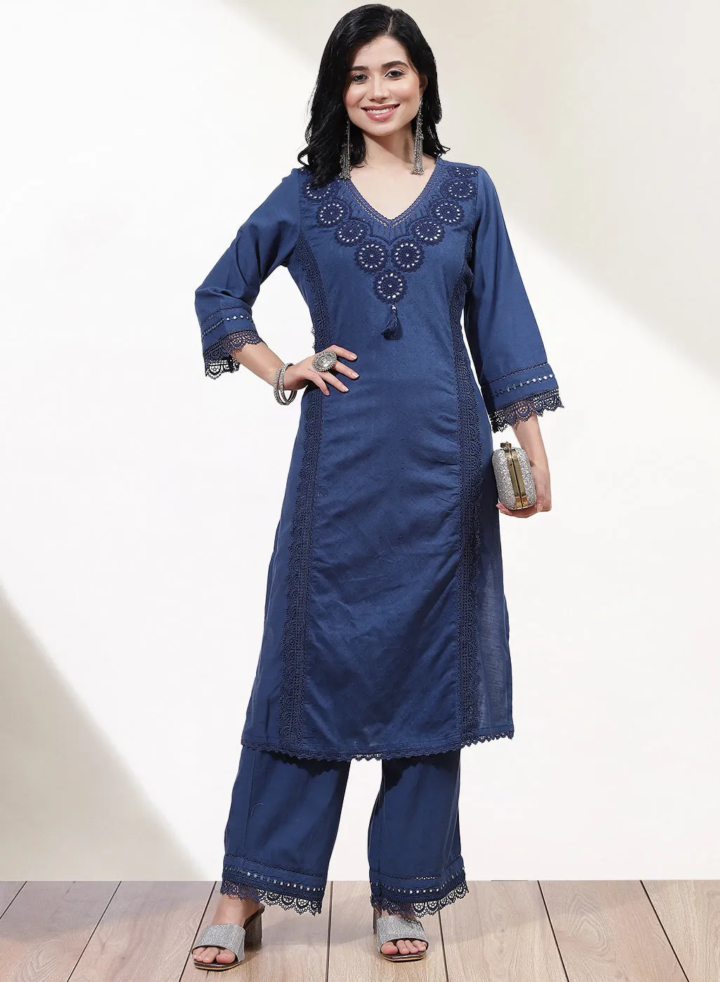 Blue Alora Collection Kurta Set With Embroidery