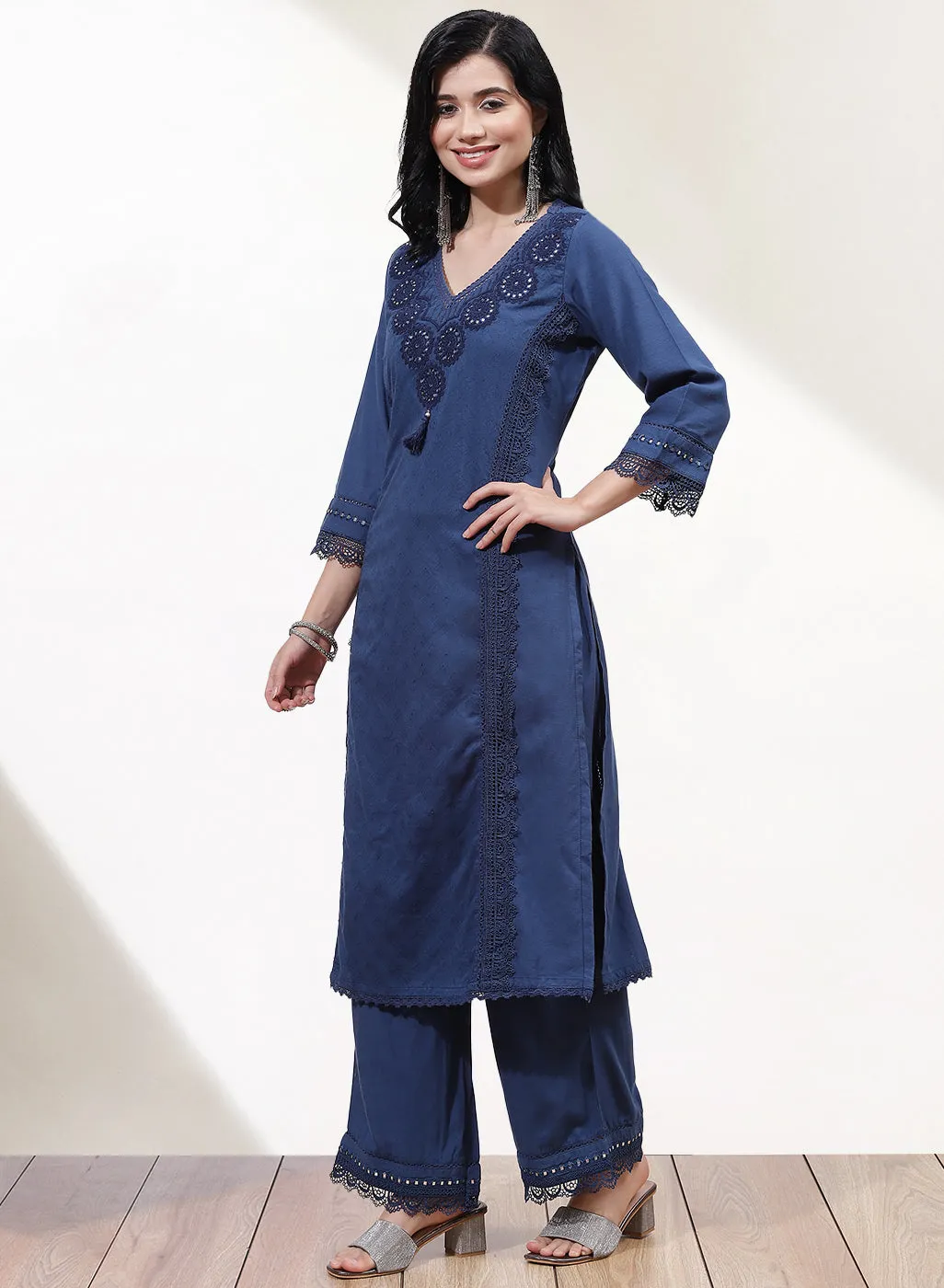 Blue Alora Collection Kurta Set With Embroidery