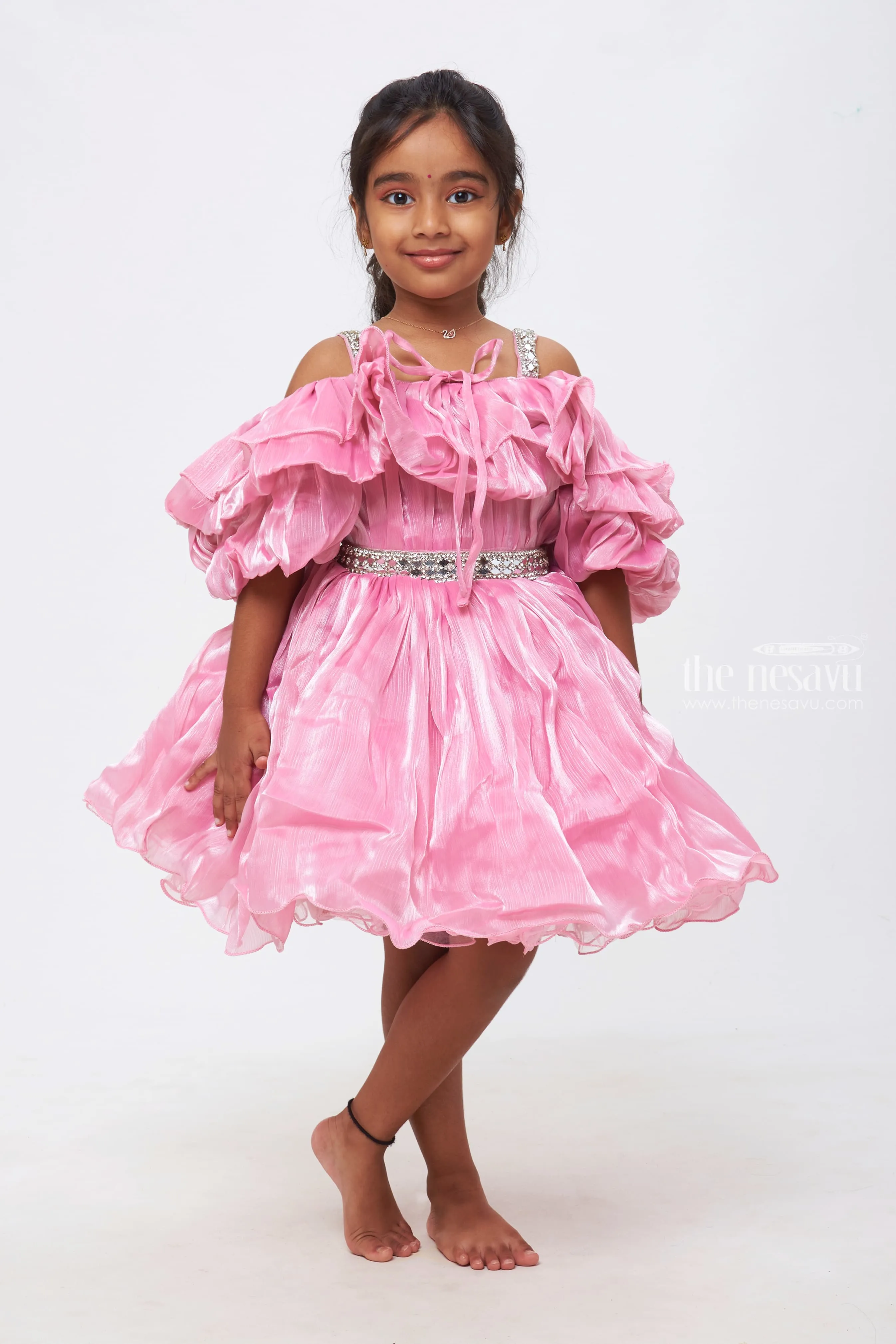 Blush Dream: Girls Organza Ruffle Party Frock with Sparkling Embellishments