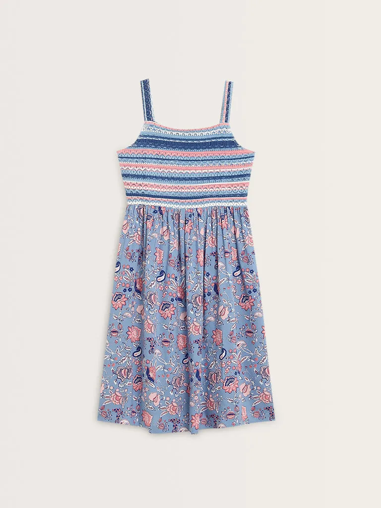 Bombay Paisley Blue Floral Printed A-Line Cotton Dress