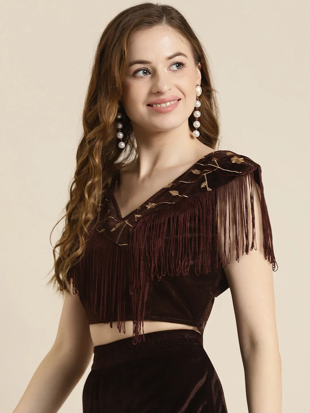 Brown Embroidered Fringe Lace Velvet Crop Top