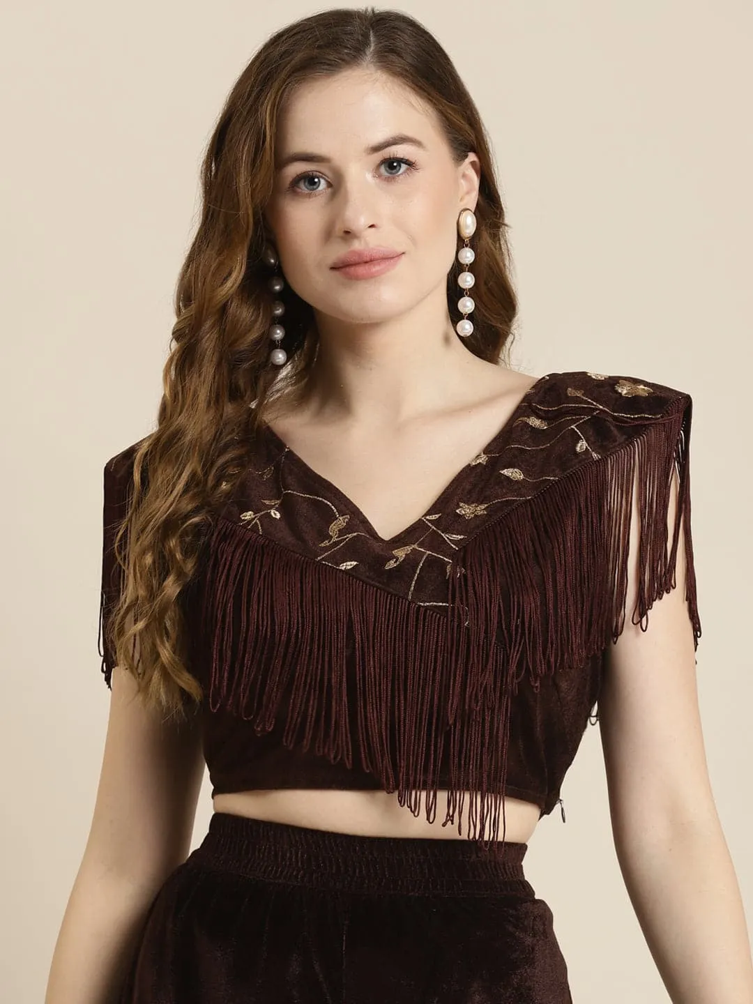 Brown Embroidered Fringe Lace Velvet Crop Top