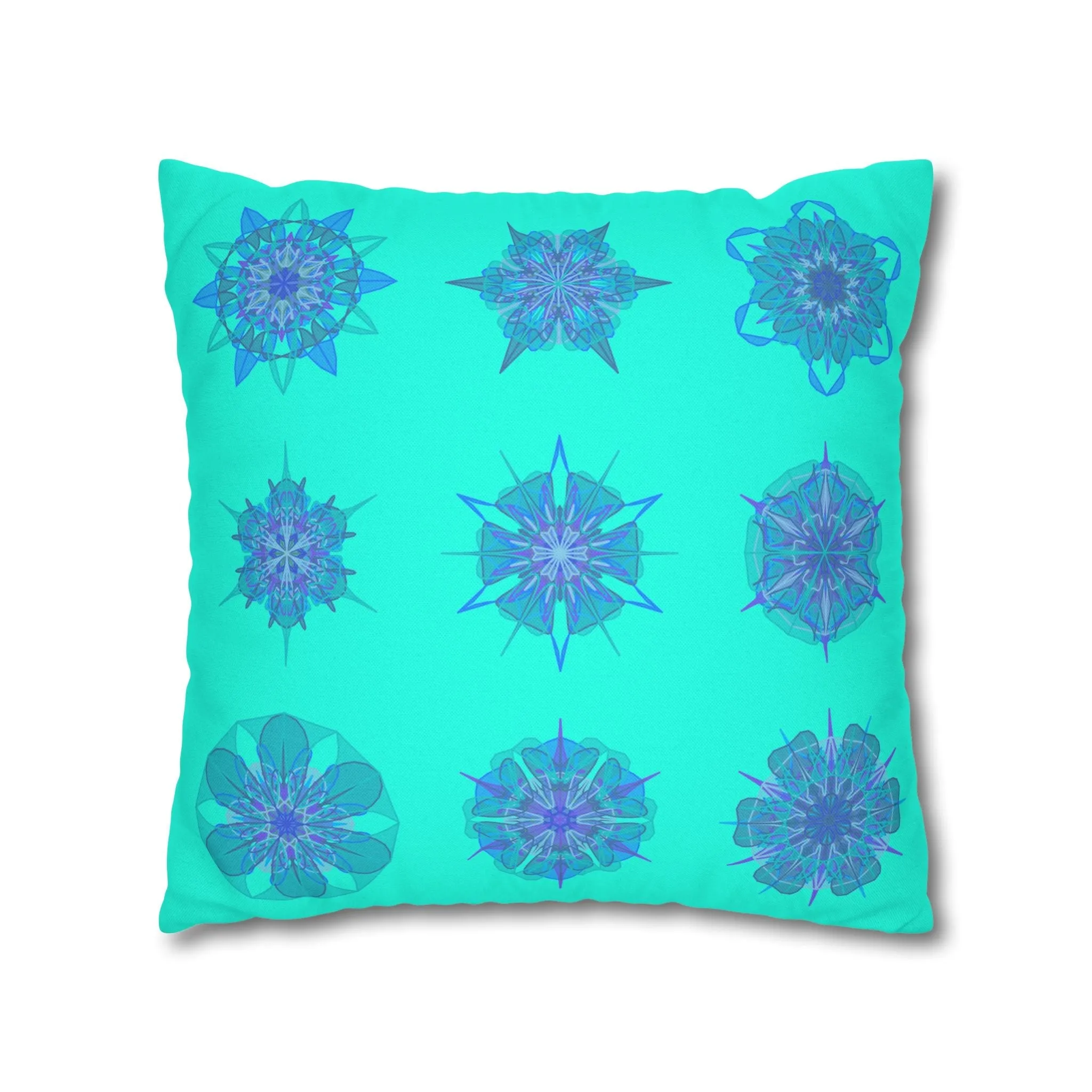 Christmas Snowflakes Mandala Art Pillowcase - Hand-drawn Spun Polyester Square Pillowcase in Aqua