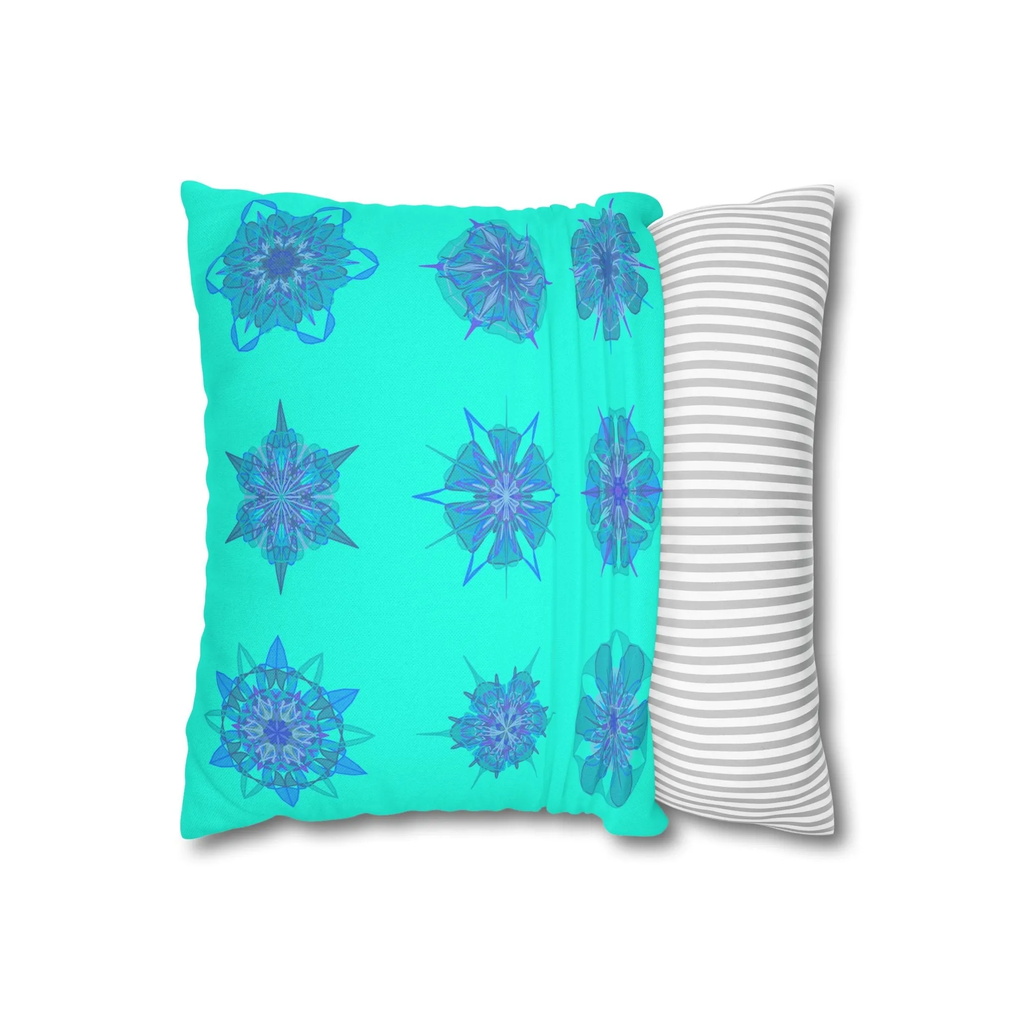 Christmas Snowflakes Mandala Art Pillowcase - Hand-drawn Spun Polyester Square Pillowcase in Aqua