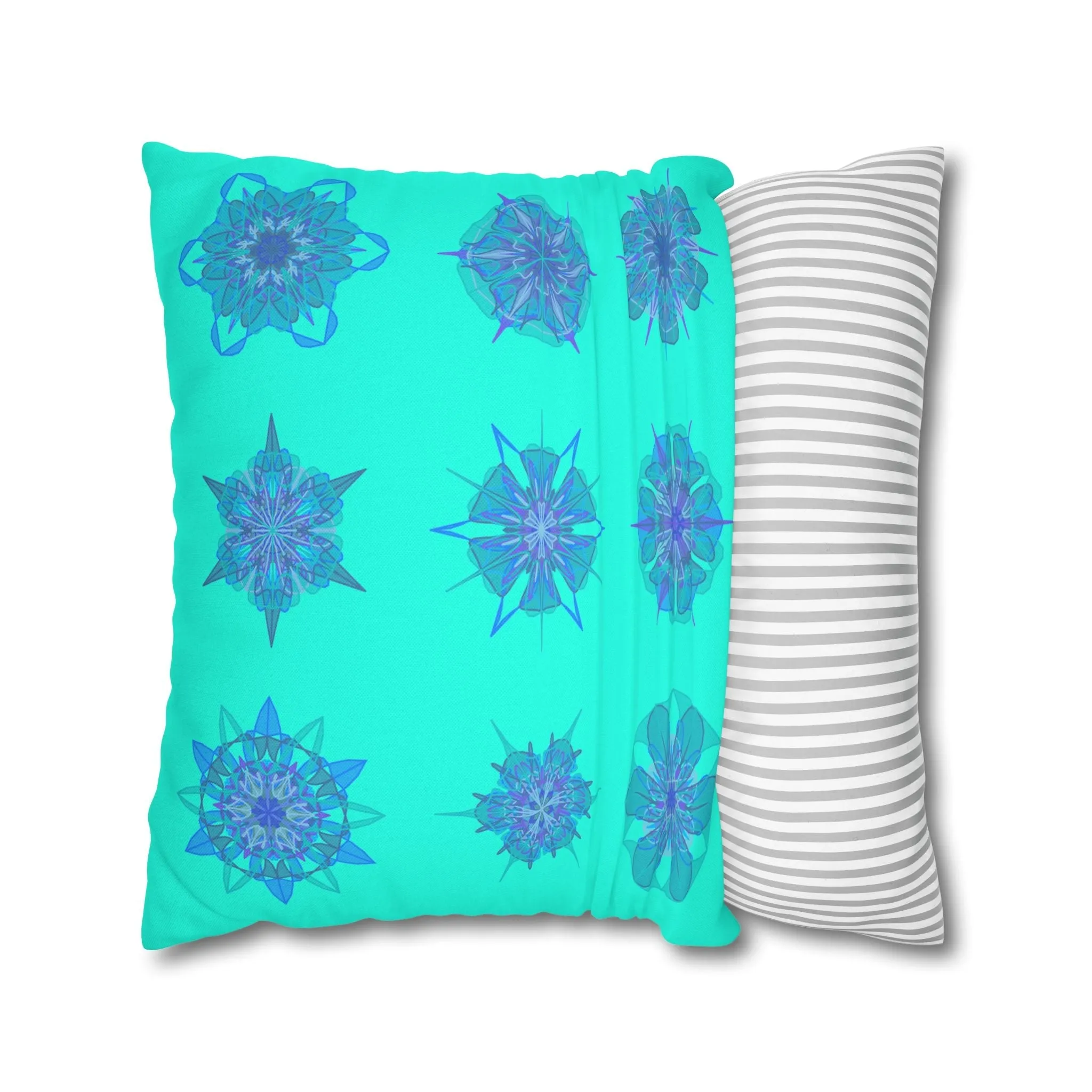 Christmas Snowflakes Mandala Art Pillowcase - Hand-drawn Spun Polyester Square Pillowcase in Aqua