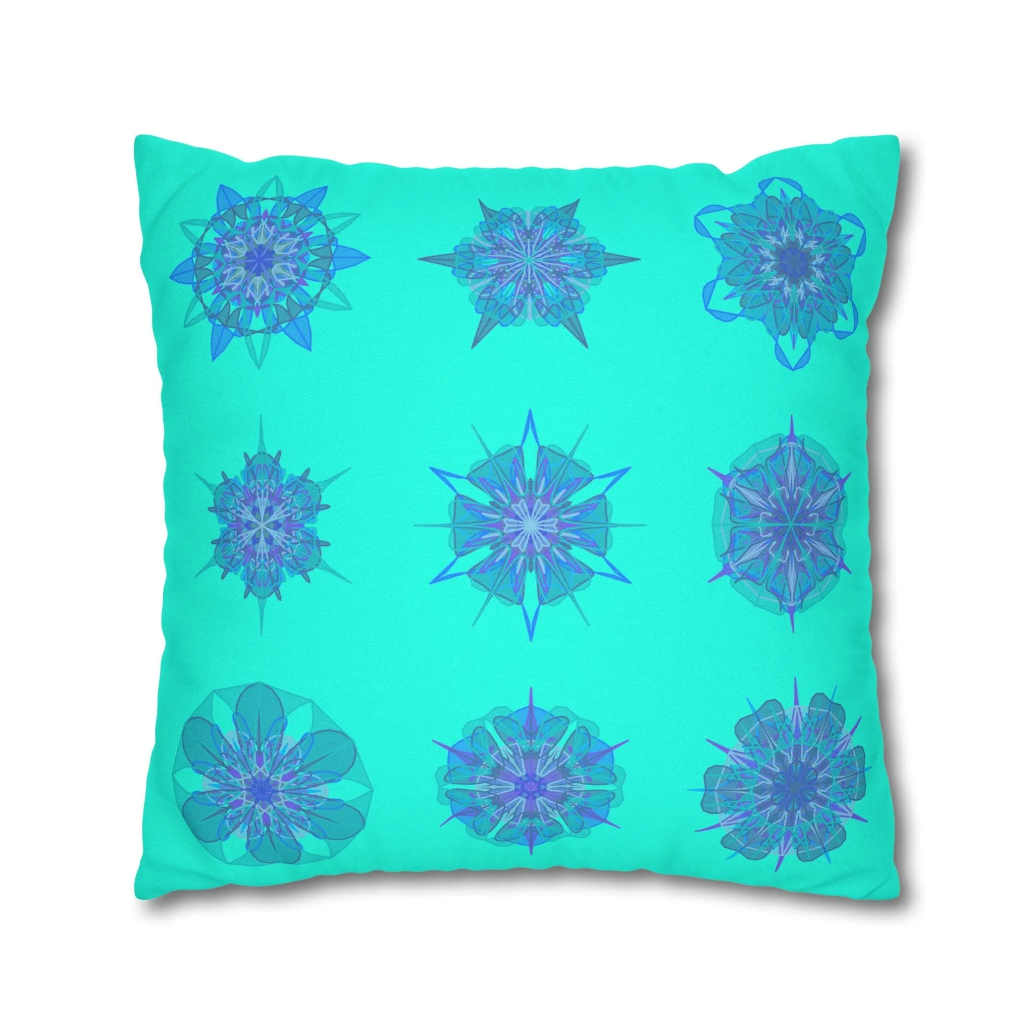 Christmas Snowflakes Mandala Art Pillowcase - Hand-drawn Spun Polyester Square Pillowcase in Aqua