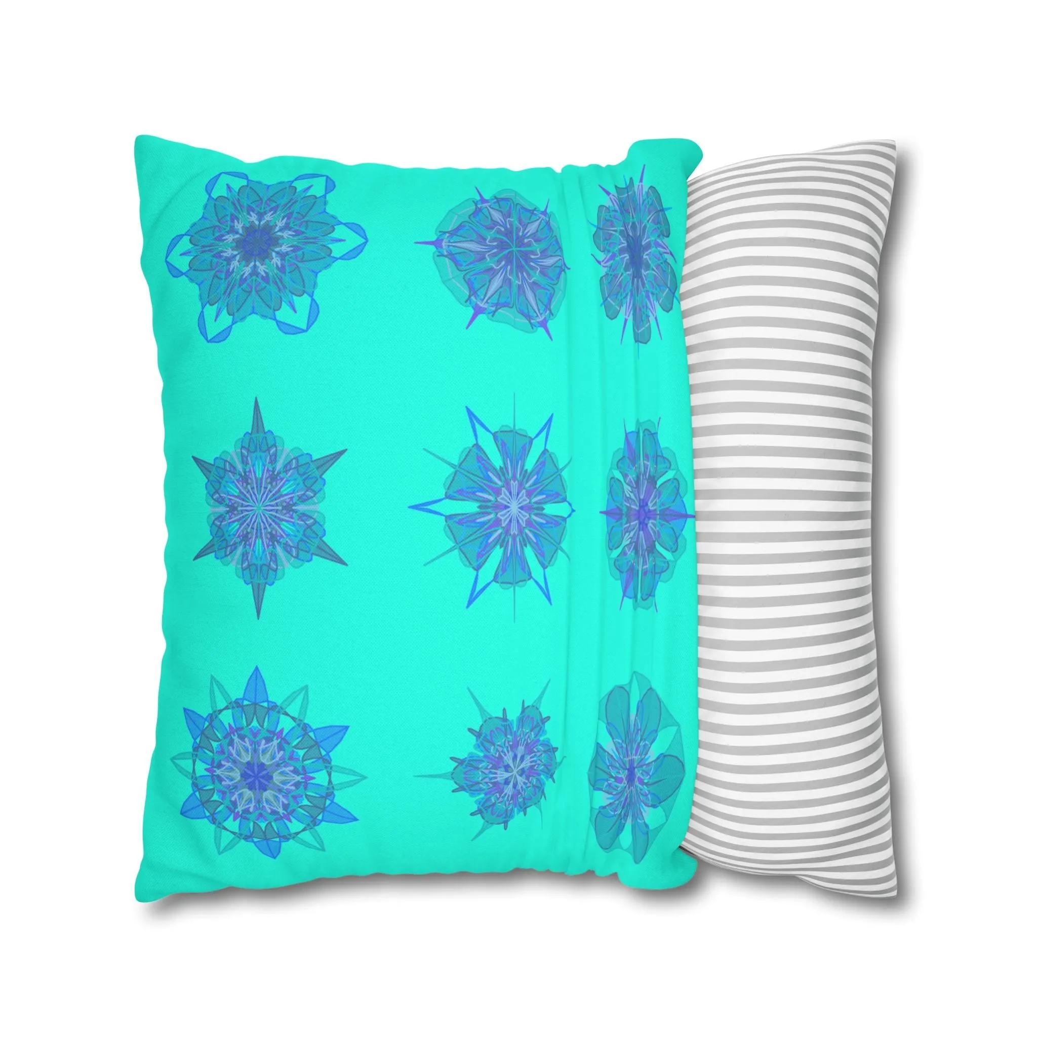 Christmas Snowflakes Mandala Art Pillowcase - Hand-drawn Spun Polyester Square Pillowcase in Aqua