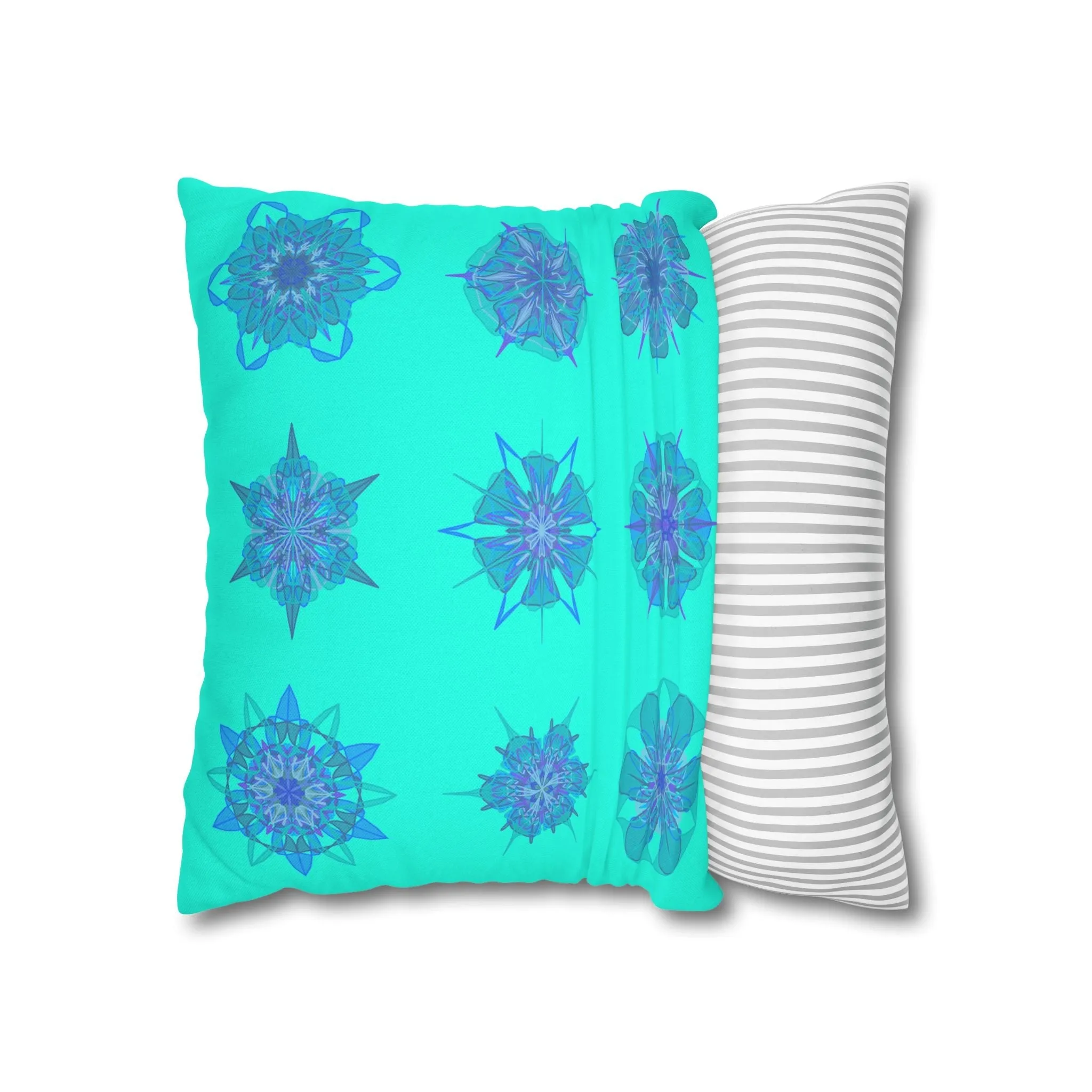 Christmas Snowflakes Mandala Art Pillowcase - Hand-drawn Spun Polyester Square Pillowcase in Aqua