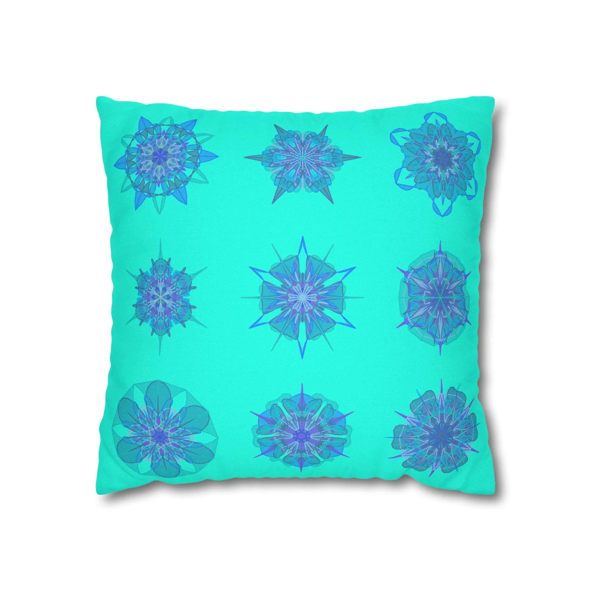 Christmas Snowflakes Mandala Art Pillowcase - Hand-drawn Spun Polyester Square Pillowcase in Aqua