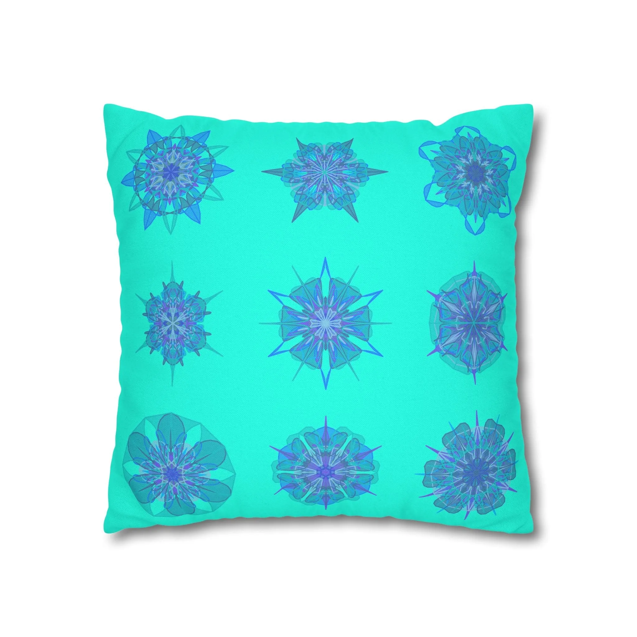 Christmas Snowflakes Mandala Art Pillowcase - Hand-drawn Spun Polyester Square Pillowcase in Aqua