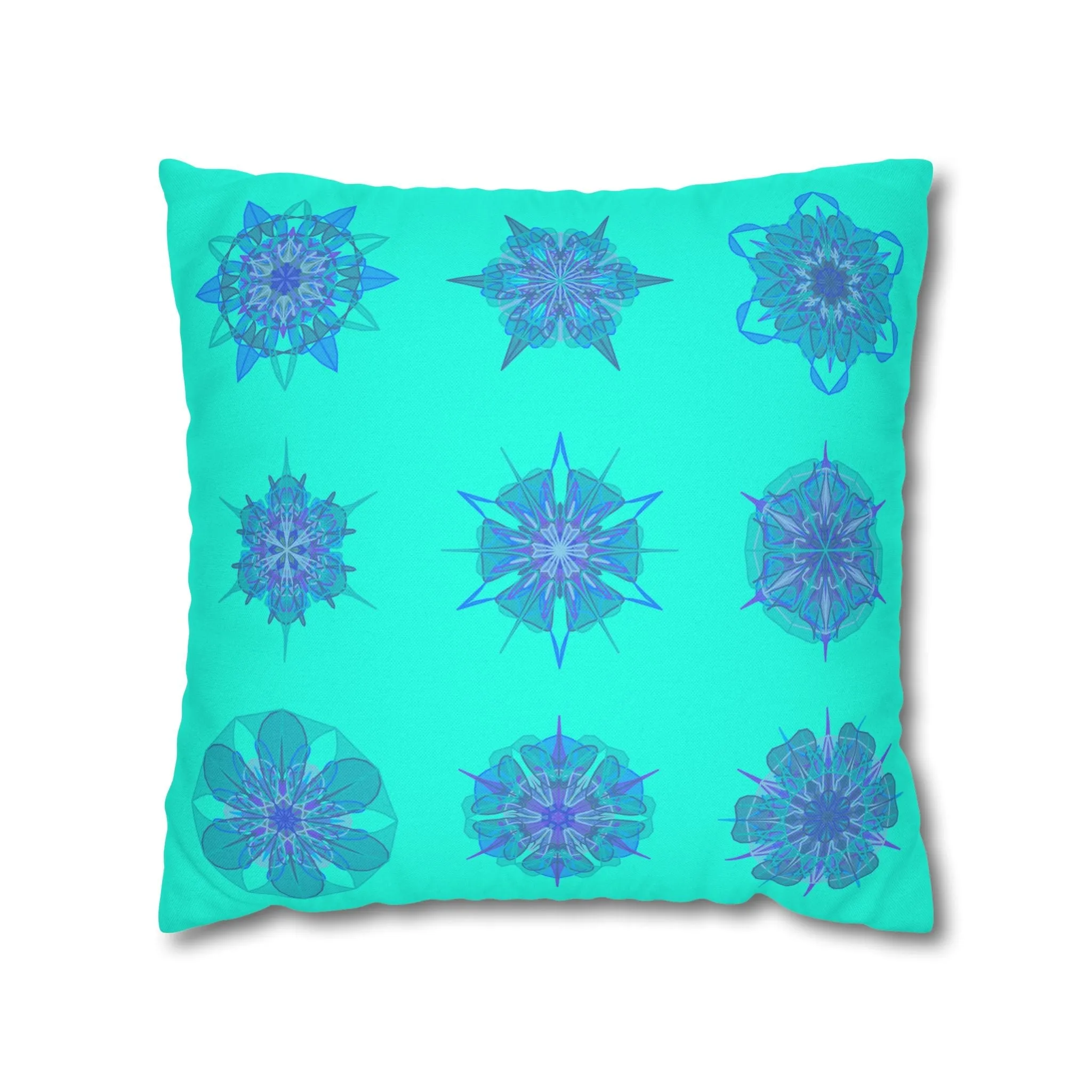 Christmas Snowflakes Mandala Art Pillowcase - Hand-drawn Spun Polyester Square Pillowcase in Aqua