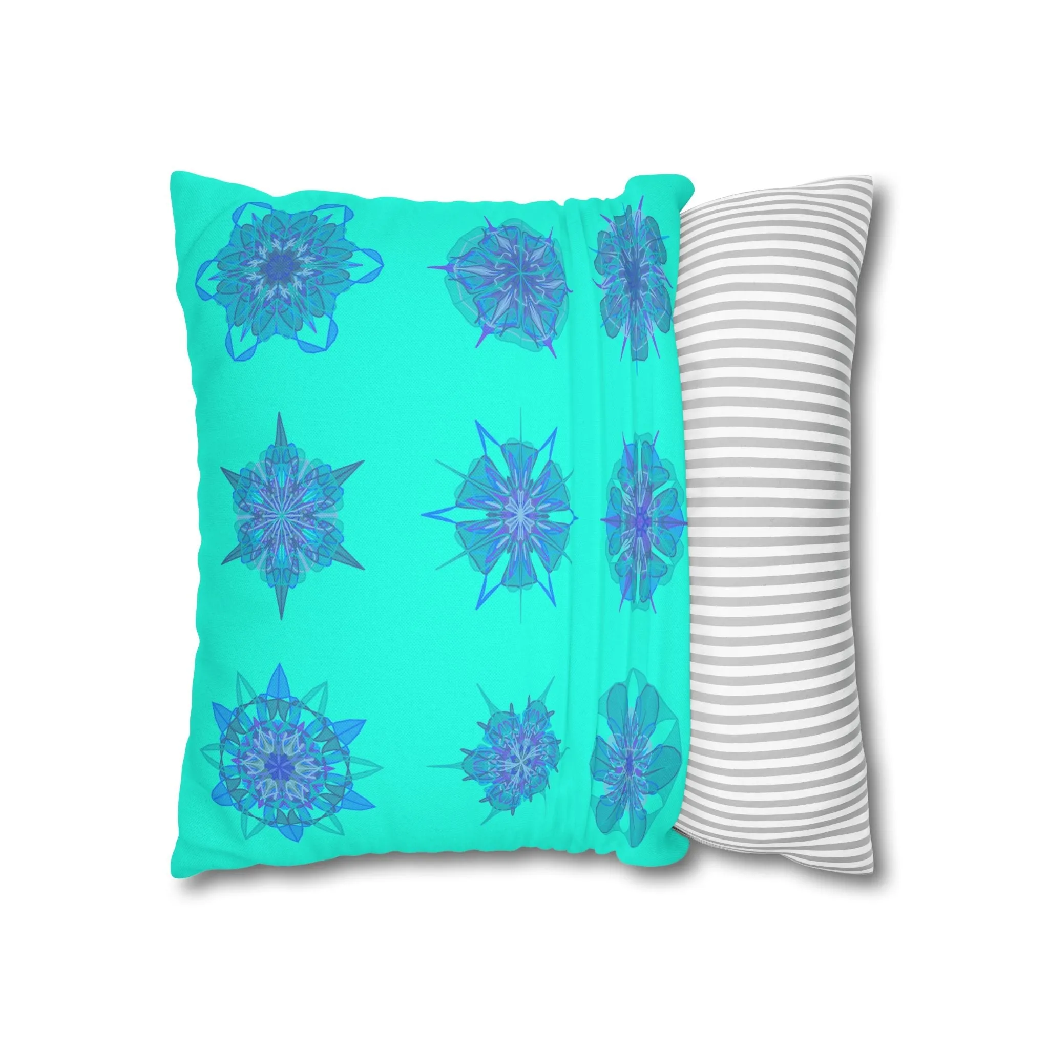 Christmas Snowflakes Mandala Art Pillowcase - Hand-drawn Spun Polyester Square Pillowcase in Aqua