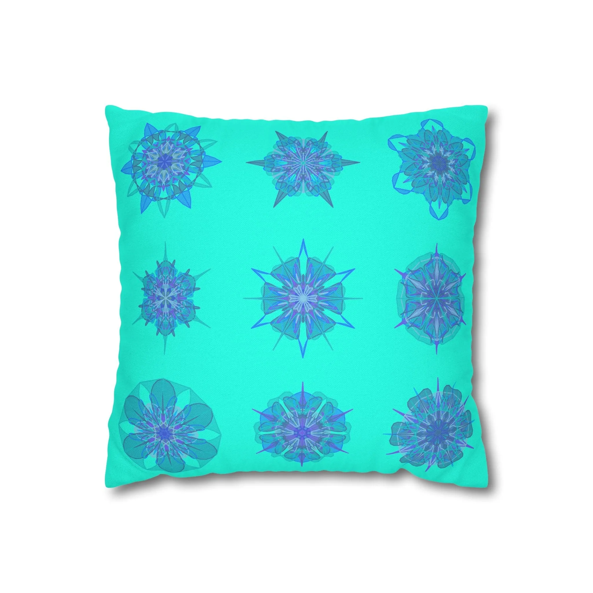 Christmas Snowflakes Mandala Art Pillowcase - Hand-drawn Spun Polyester Square Pillowcase in Aqua