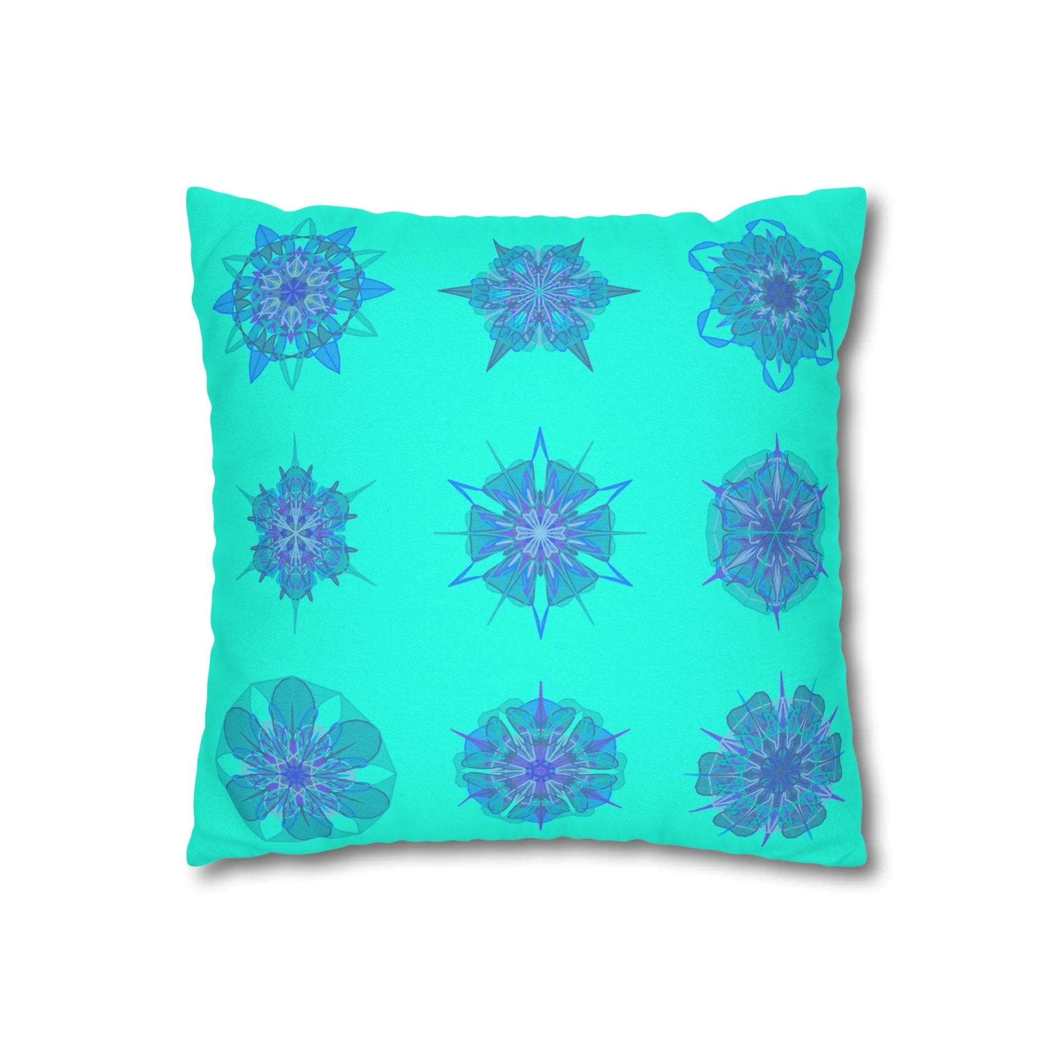 Christmas Snowflakes Mandala Art Pillowcase - Hand-drawn Spun Polyester Square Pillowcase in Aqua