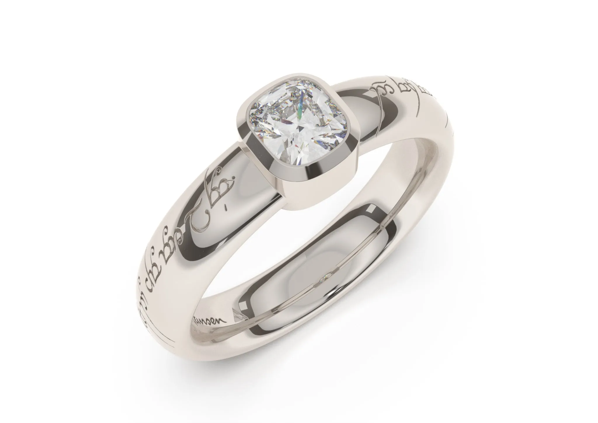 Cushion Modern Elvish Engagement Ring, White Gold & Platinum