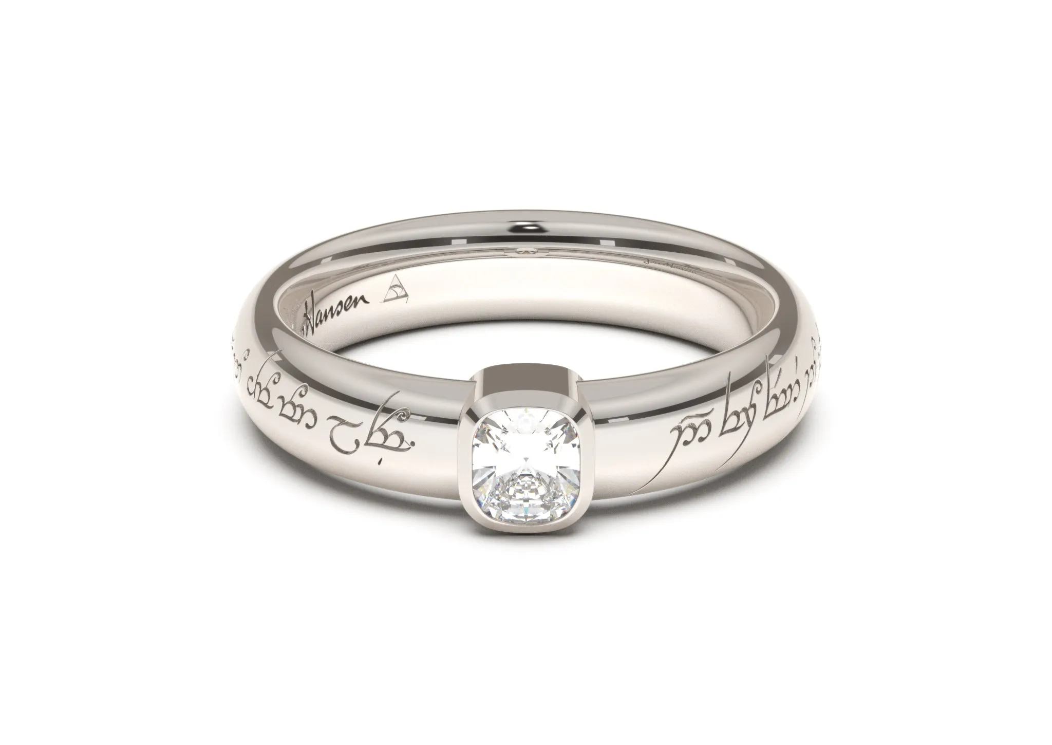 Cushion Modern Elvish Engagement Ring, White Gold & Platinum