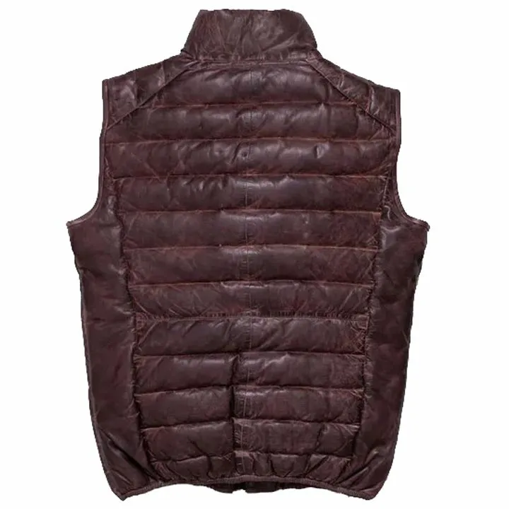 Dark Brown Leather Down Vest For Men