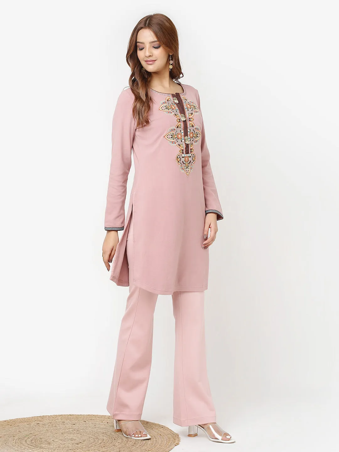 Dusty Pink Thread Work Woollen Kurti for Women with Brooch